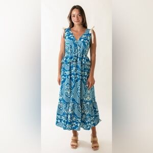 NWT Moon River Blue and White Floral Ruffle Maxi Dress Womens Large